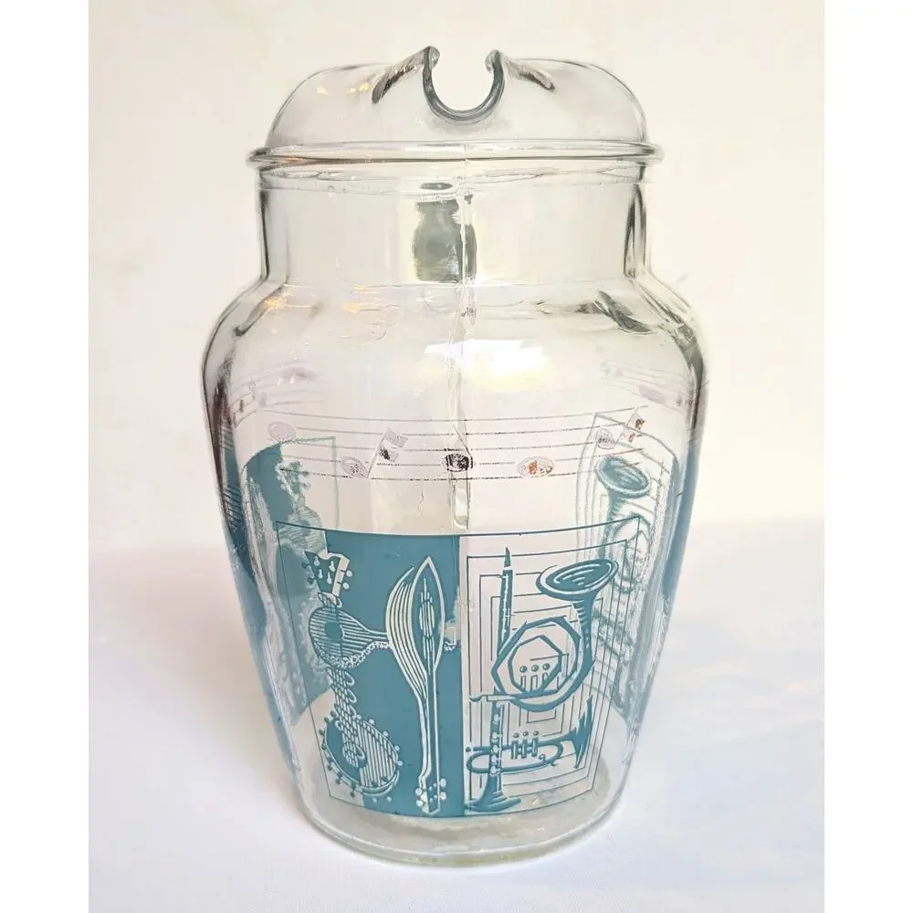 Vintage 1950s MCM Glass Barware Pitcher with Aqua Musical Instruments & Notes